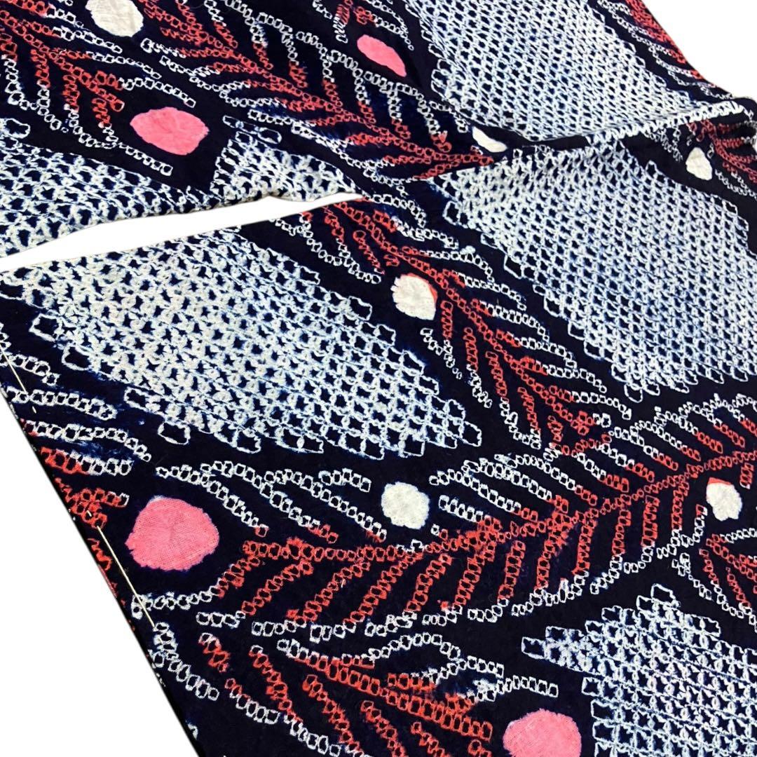 浴衣 有松鳴海絞り 孔雀羽文 ネイビー 綿 手縫い しつけ糸付 夏 和装 逸品