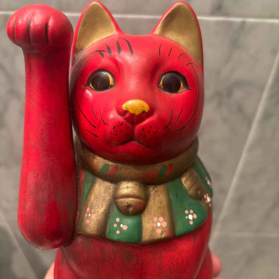 ヴィンテージ手書きの大きな瞳や長いヒゲか素敵な健康とお金を呼び込む招き猫