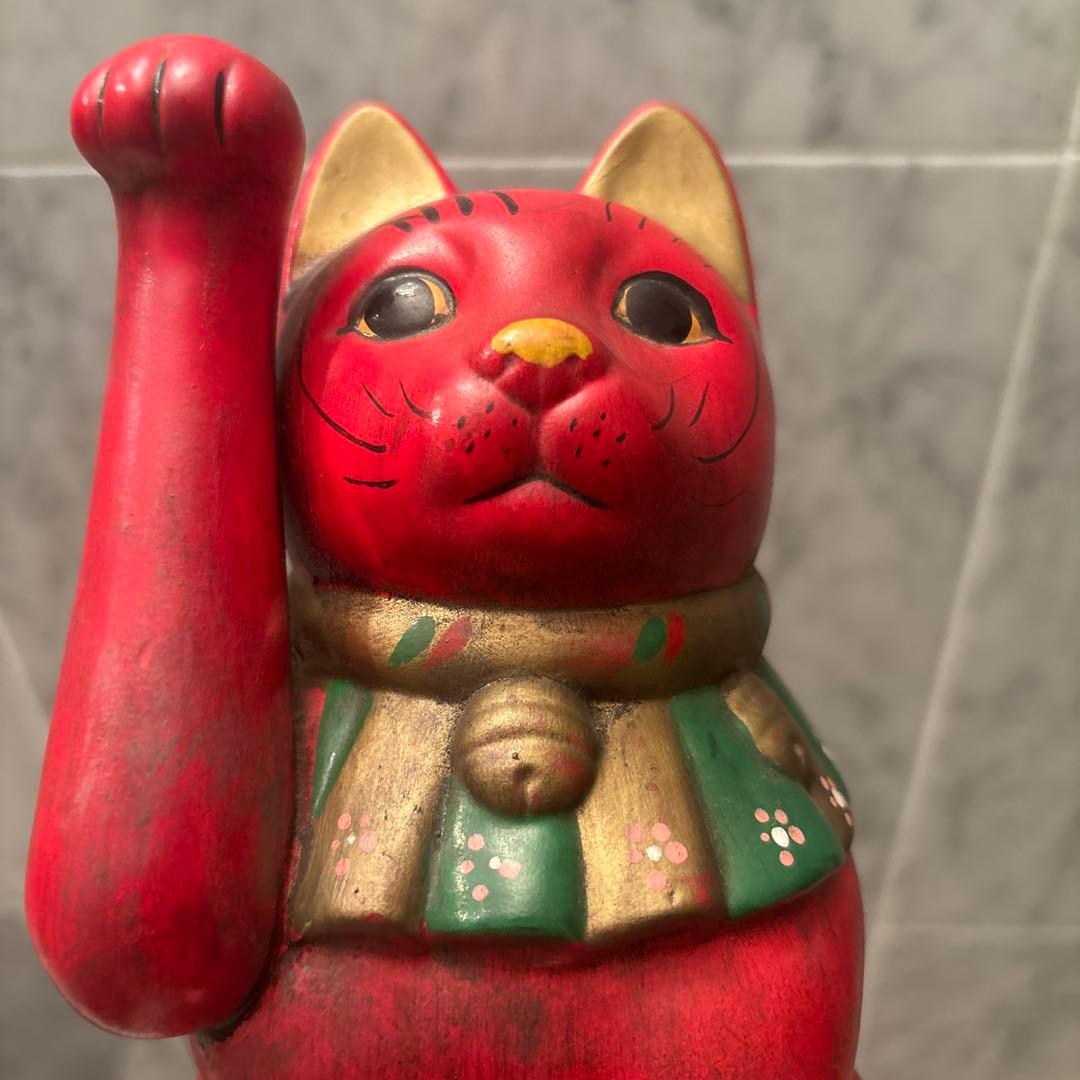 ヴィンテージ手書きの大きな瞳や長いヒゲか素敵な健康とお金を呼び込む招き猫