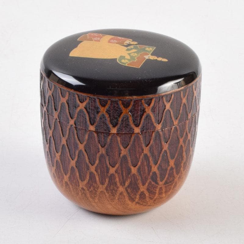 茶道具　加賀蒔絵師　和田寿峰作　立雛蒔絵　甲黒網目中棗　共箱　V　8993