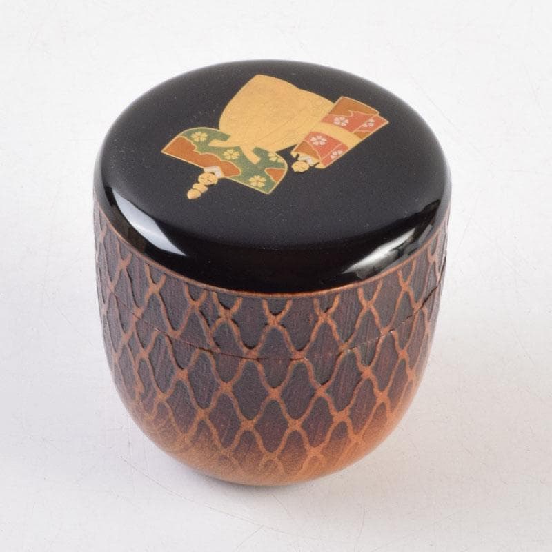 茶道具　加賀蒔絵師　和田寿峰作　立雛蒔絵　甲黒網目中棗　共箱　V　8993