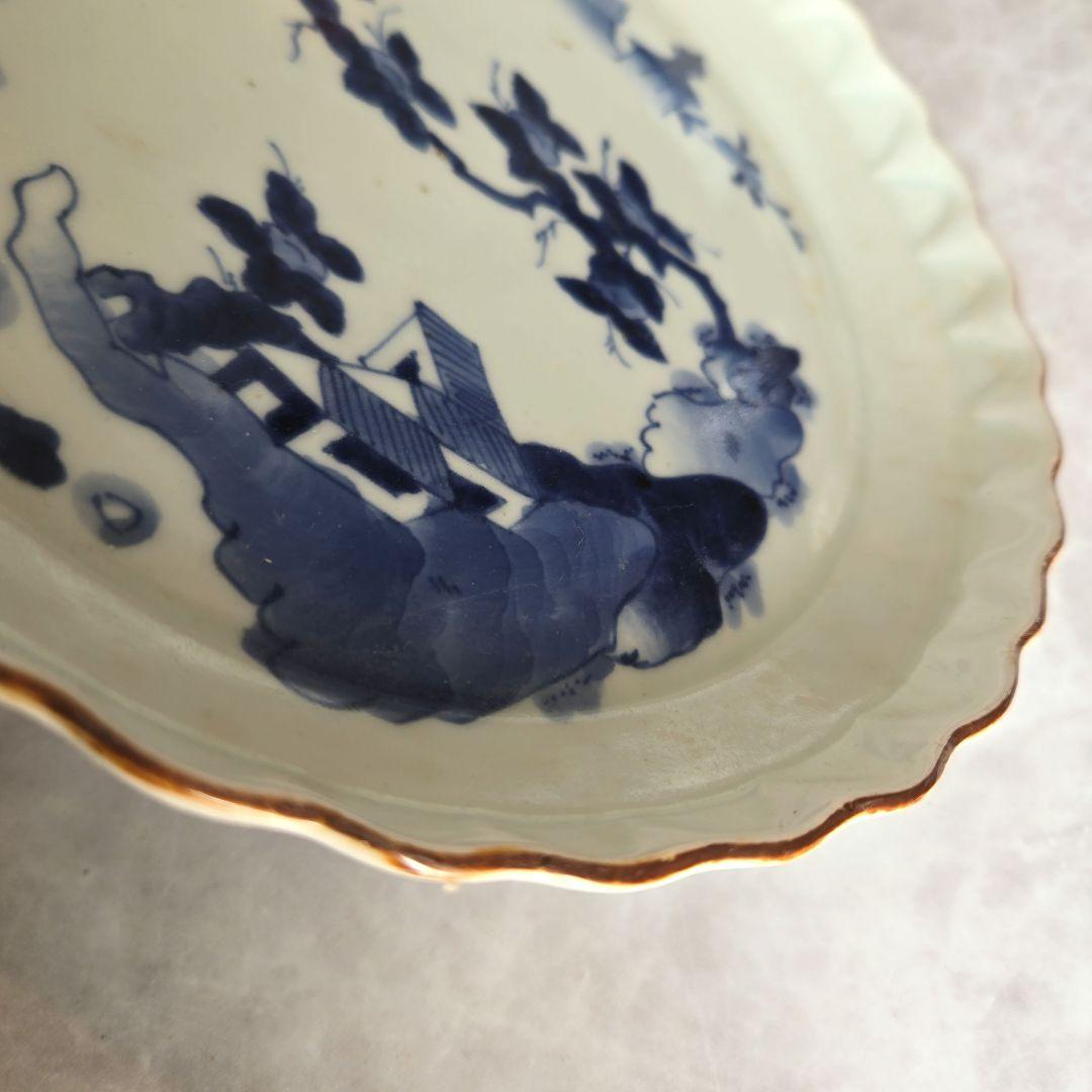 古伊万里　染付　輪花　七寸皿　江戸時代　金直し　金継ぎ　骨董　日本　アンティーク