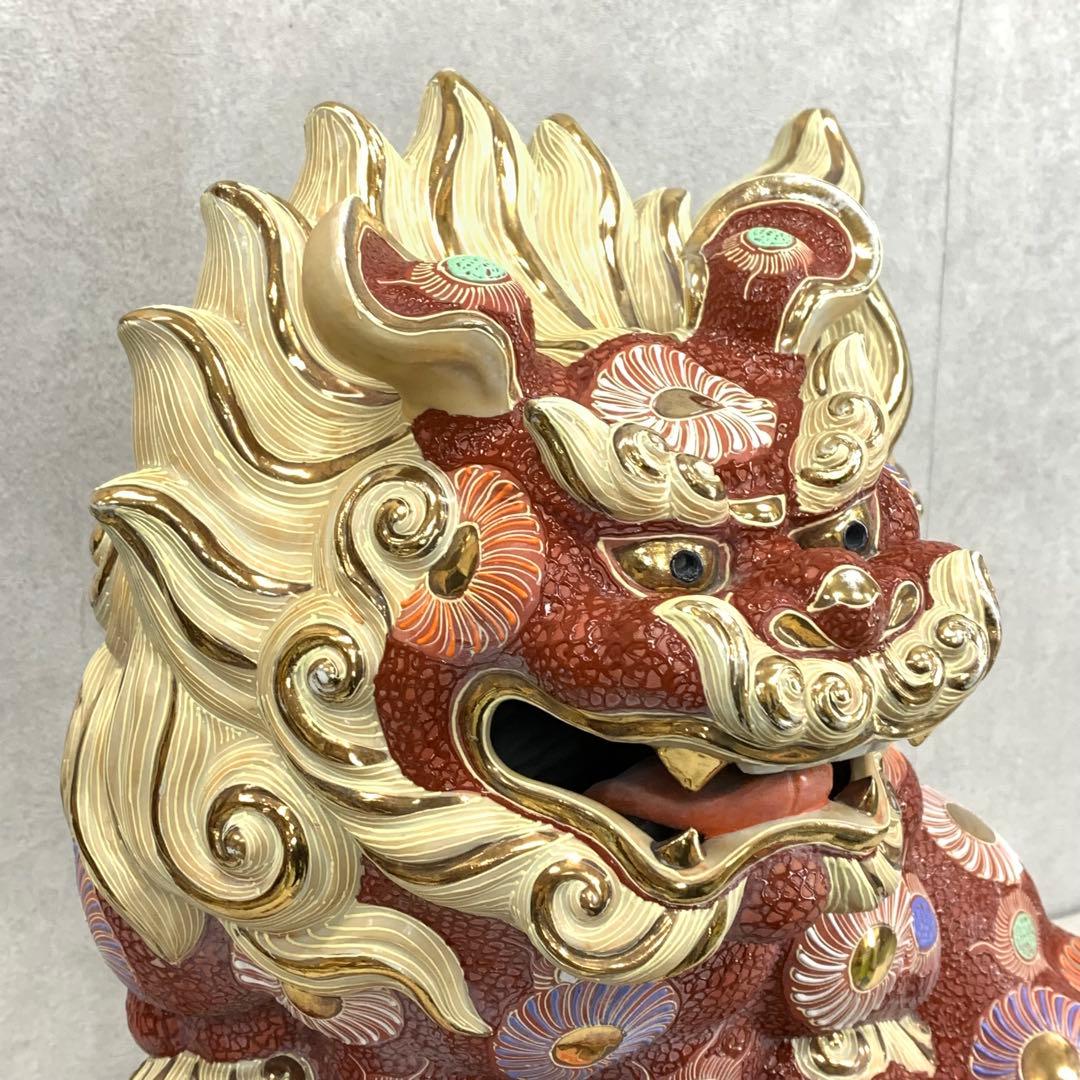 特大！高さ約56cm! 九谷焼 玉乗り 獅子 赤 金 オブジェ 縁起 厄払い