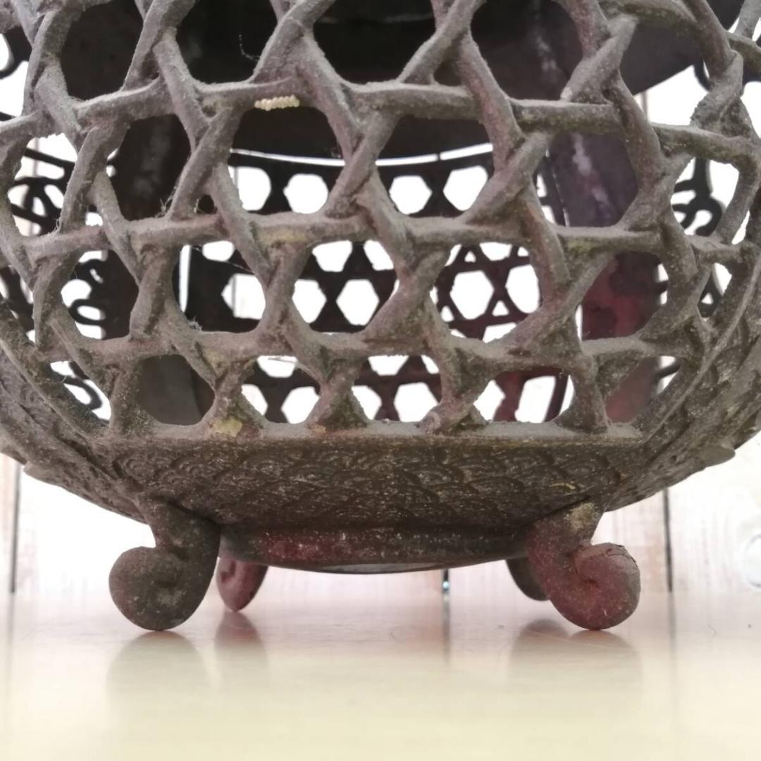 吊り灯篭 古い銅製 龍頭 青海波 菱花型 格子 吊り下げ灯 灯篭 丸型 足付き