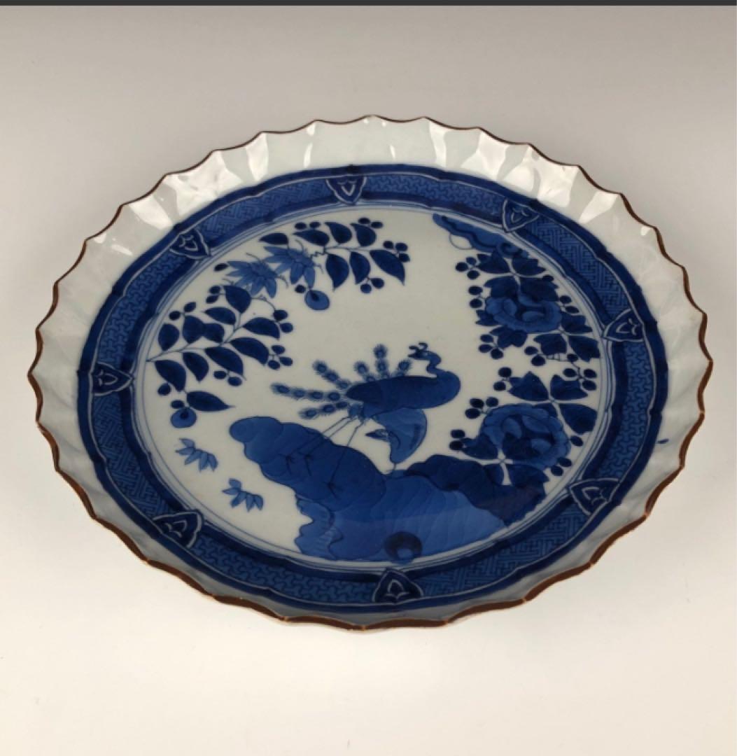 古伊万里 染付 江戸後期　孔雀文 捻花 七寸皿