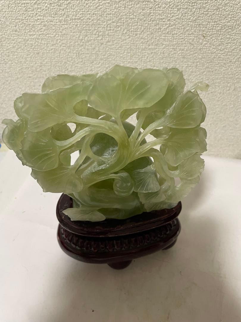 天然石　綠石彫刻瓢箪　置物彫刻 木製台座付き