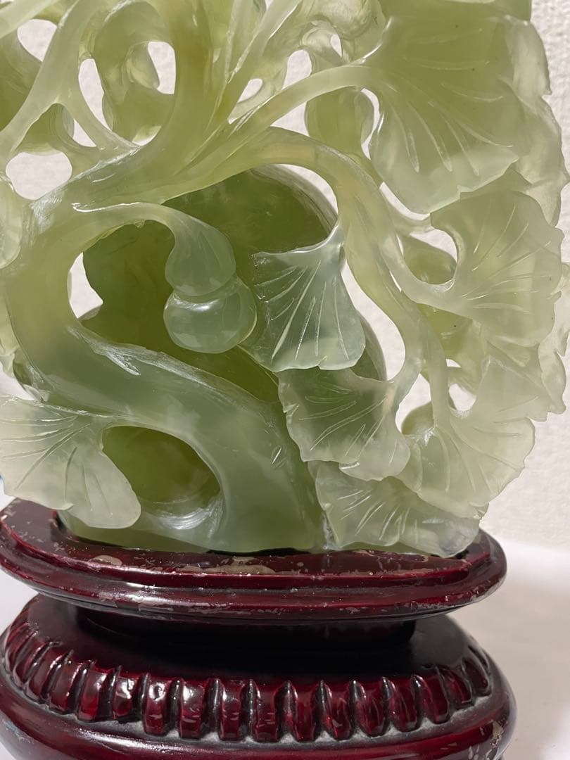 天然石　綠石彫刻瓢箪　置物彫刻 木製台座付き