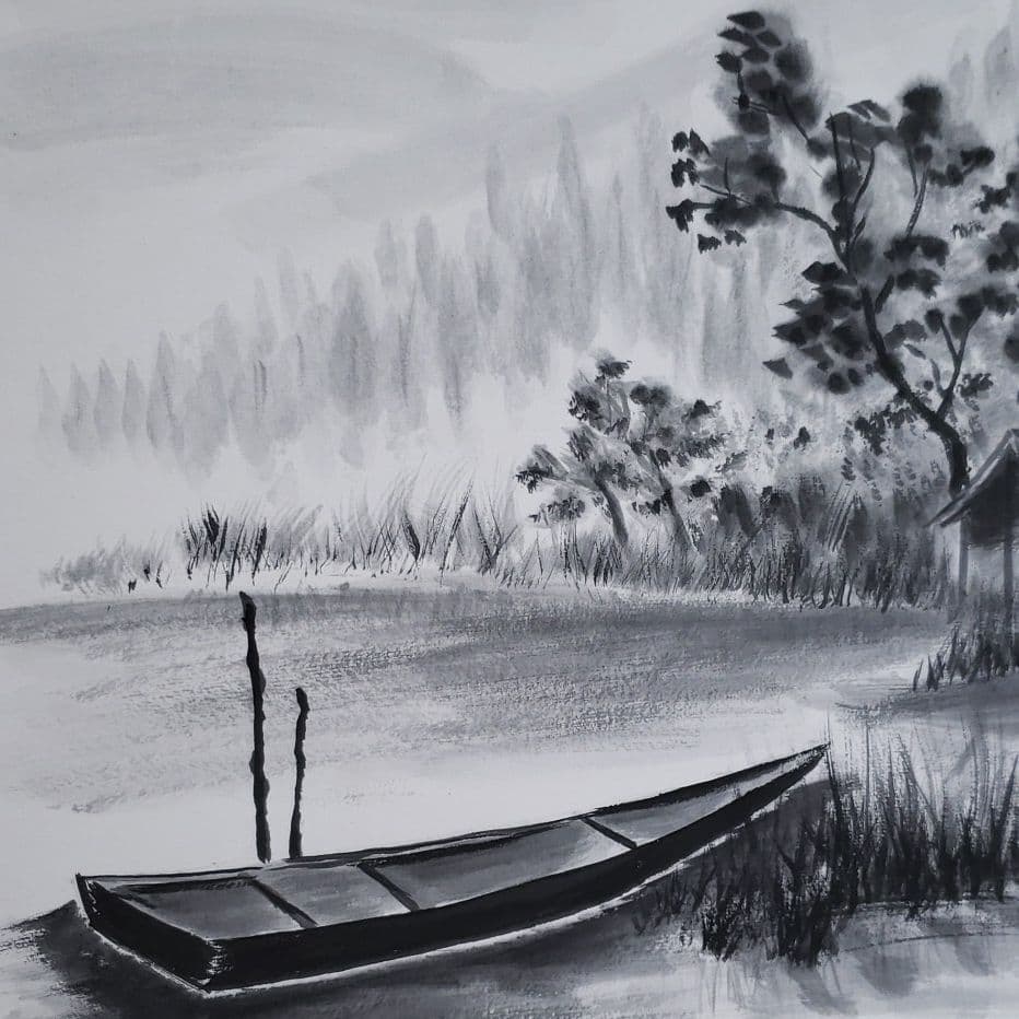 水墨画　水辺風景