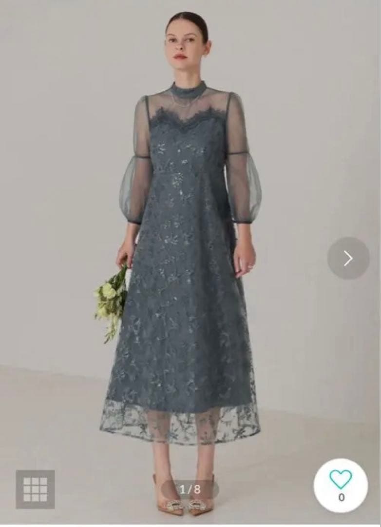 【Leja】花柄刺繍ミディ丈ドレスブルー