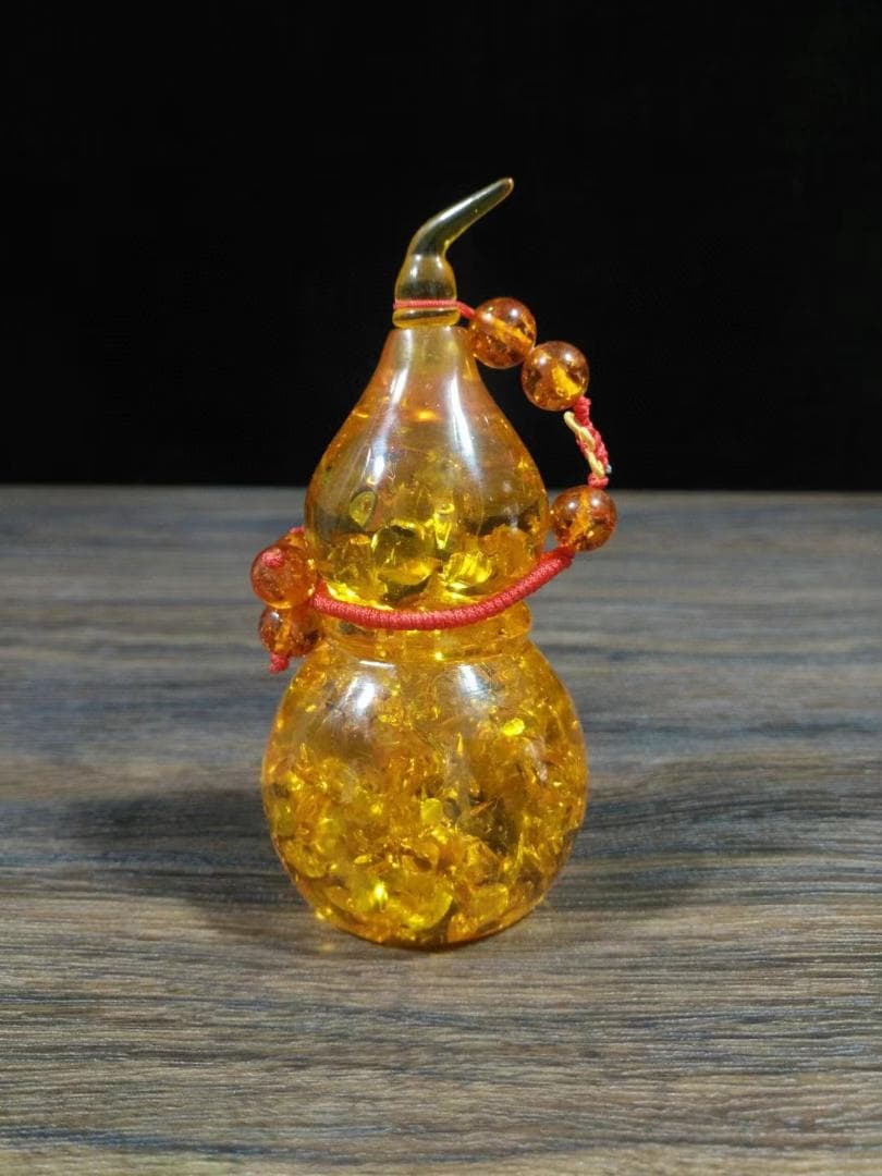 中国古美術・旧蔵・琥珀のヒョウタンセット・純手作り・細密彫・文房置物・風水置物