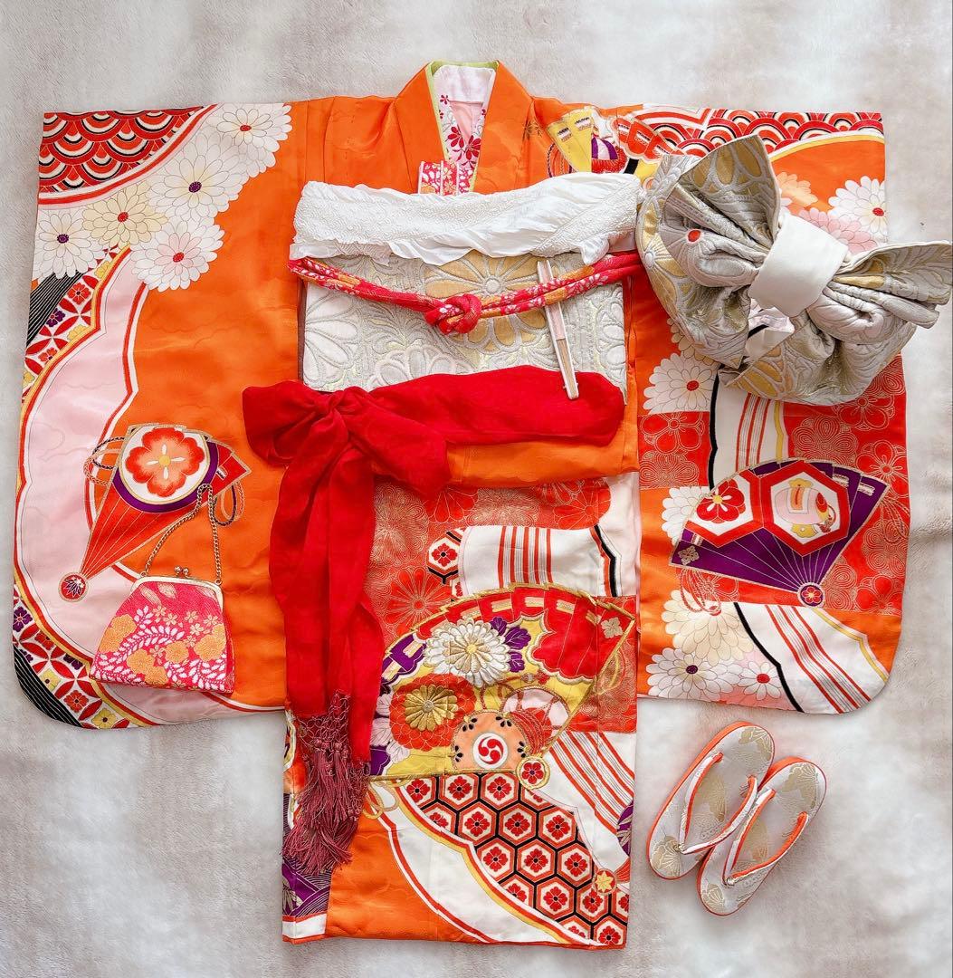 七五三　7歳　四つ身　子供着物　作り帯　女の子　長襦袢　フルセット　オレンジ