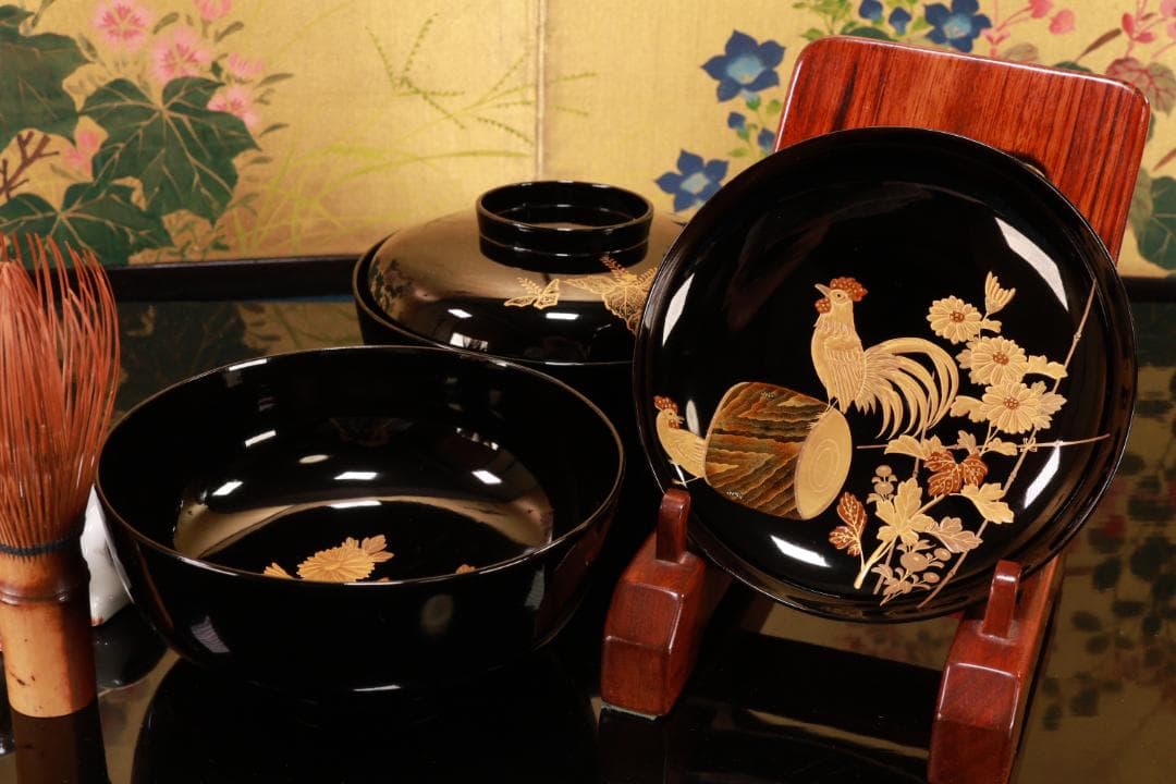 BJ132　時代輪島　加賀蒔絵　鶏図　吸物椀　二客　木製　茶道具 懐石 会席