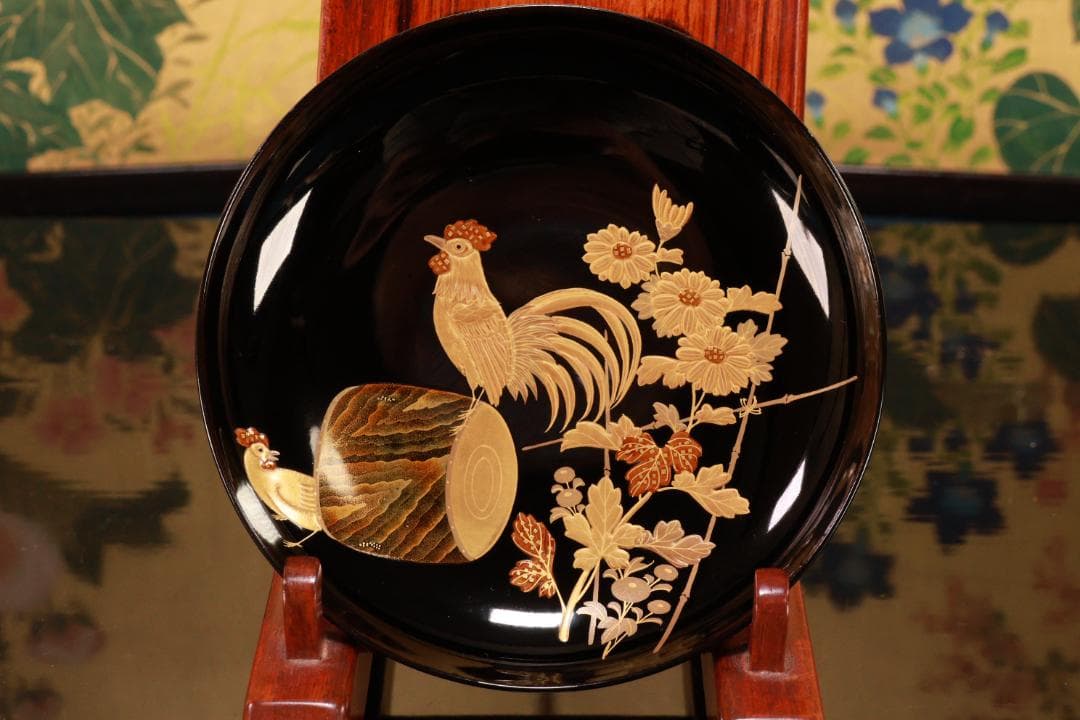 BJ132　時代輪島　加賀蒔絵　鶏図　吸物椀　二客　木製　茶道具 懐石 会席