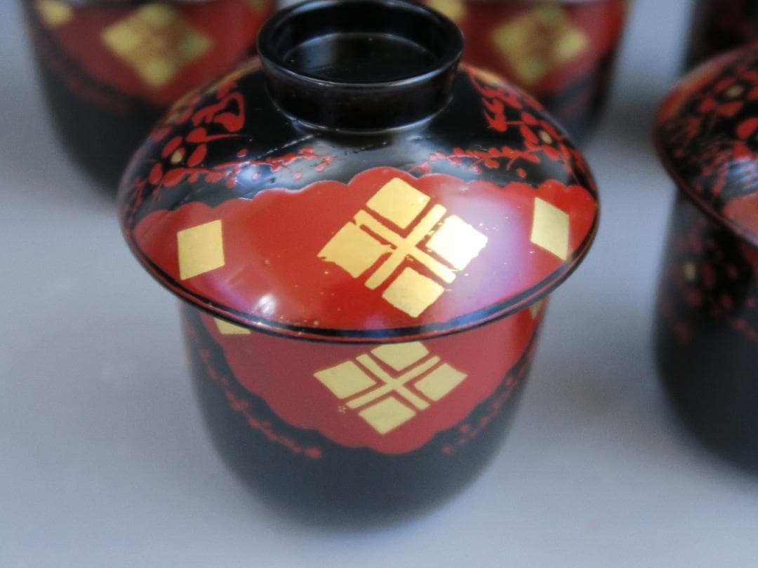 【輪島塗】小吸物椀 秀衡紋様 箸洗 濱田屋謹製 天然木 五客揃 共箱