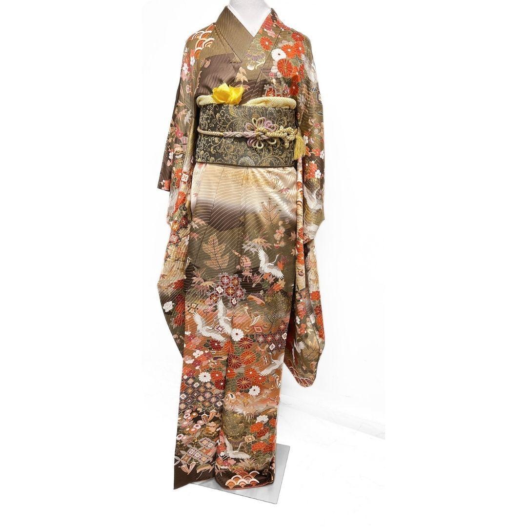 金駒刺繍　金彩　菊花　鶴伝統和模様　振袖　成人式 晴れの日 着物 022a p