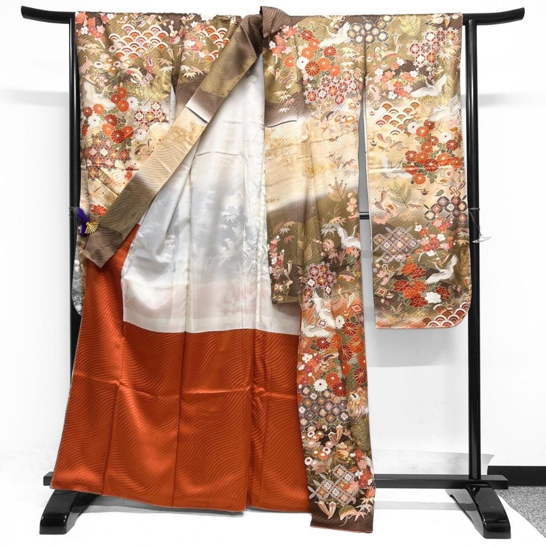 金駒刺繍　金彩　菊花　鶴伝統和模様　振袖　成人式 晴れの日 着物 022a p