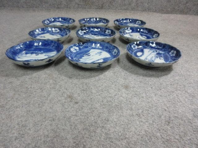 伊万里焼染付海辺風景図豆皿9枚 [B24940]