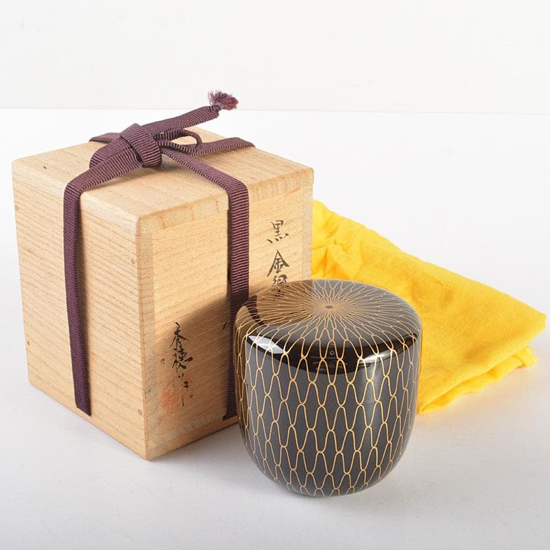 茶道具　山中塗　熊谷秀穂作　黒金網目蒔絵　中棗　共箱　V　R6783