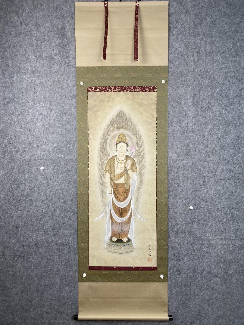 島田葆光【真作】観音図 美品 日本画 絹本 明治 共箱 掛軸24051703