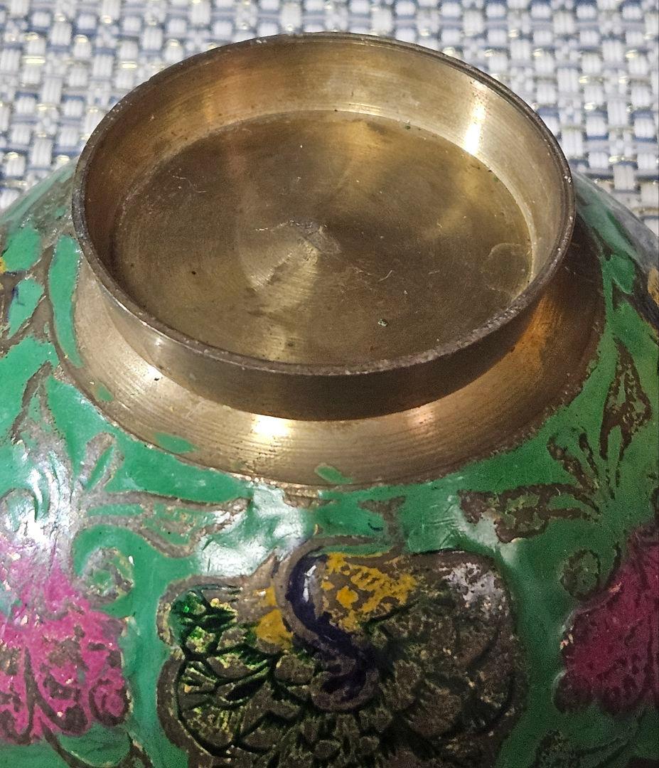 中国古美術　清朝 清代　古七宝　緑地彩色　孔雀に花図　盃　ぐい呑　酒杯　酒器