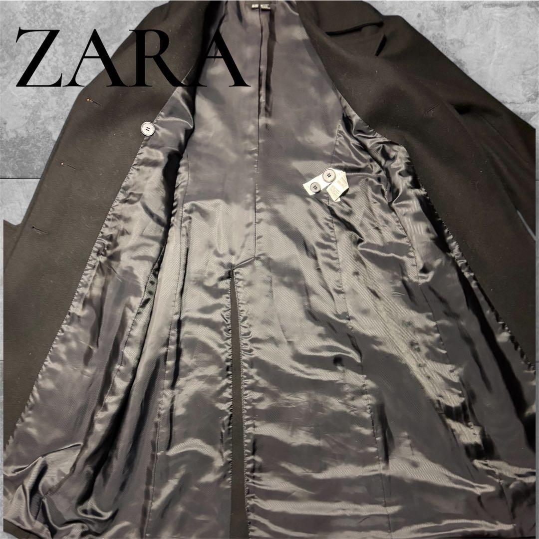 美品ZARA ブラック チェスターコート Mサイズ 大きめ襟 ロングコート ザラ