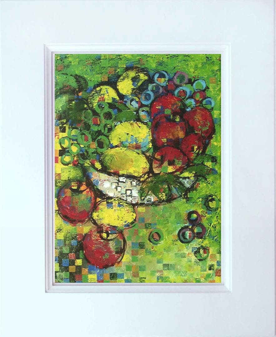 油絵 菅家令子 絵 絵画インテリア額付(青緑＋金色の枠)uF6-060103果物