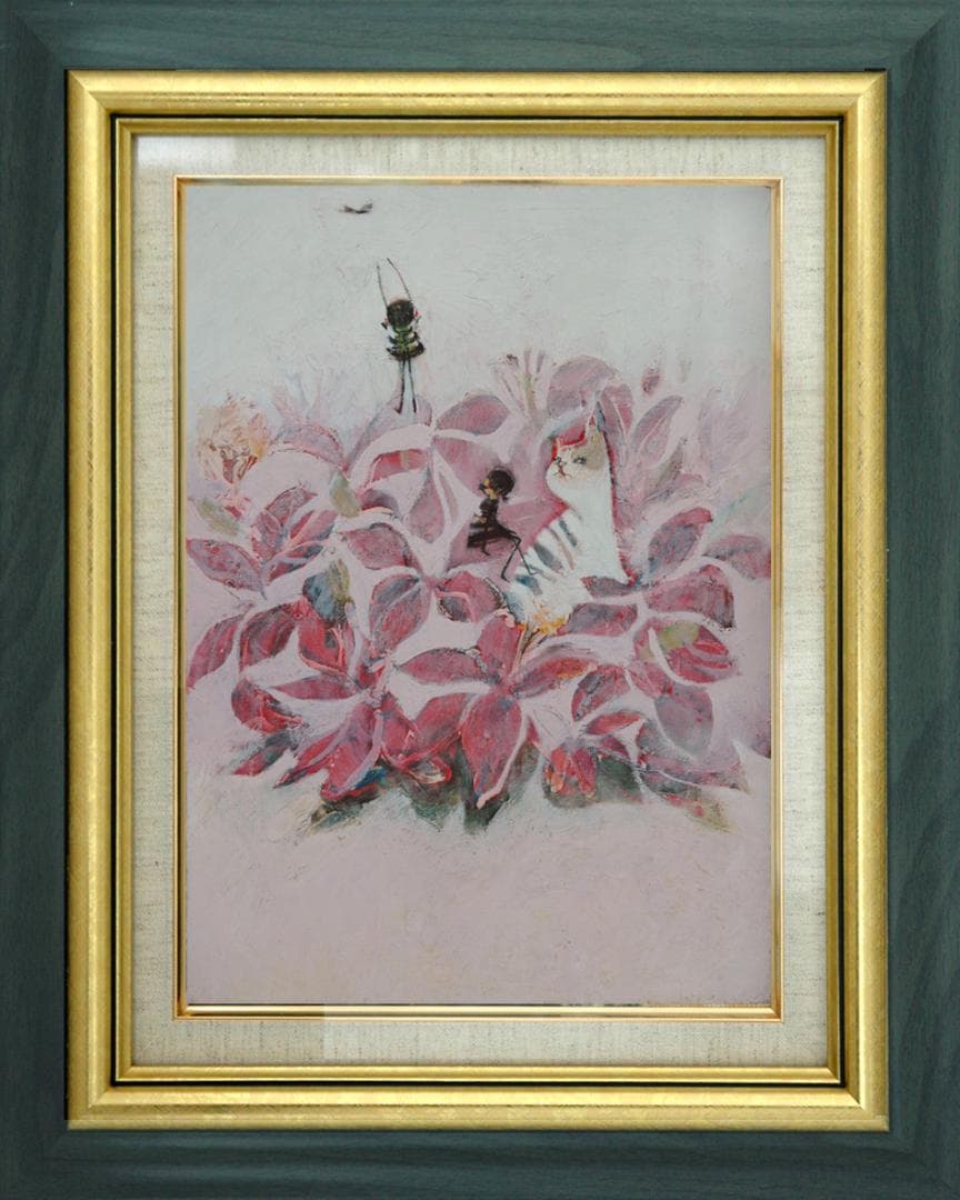 油絵菅家令子絵 絵画インテリア額付(青緑＋金色の枠)uF6-070519猫女の子