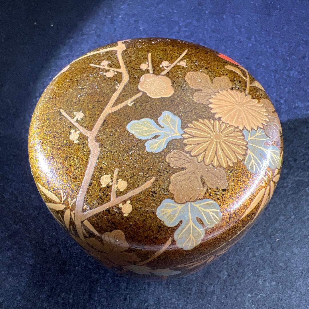 輪島塗　山下春甫造　梨地四君子蒔絵中棗　共箱　高さ約7㎝　東Y8-0106☆2F