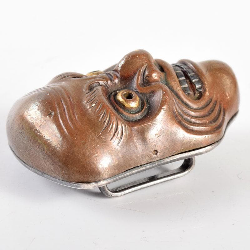 スー 時代金工　和装小物　古銅　能面帯留　時代箱付　M　R4979