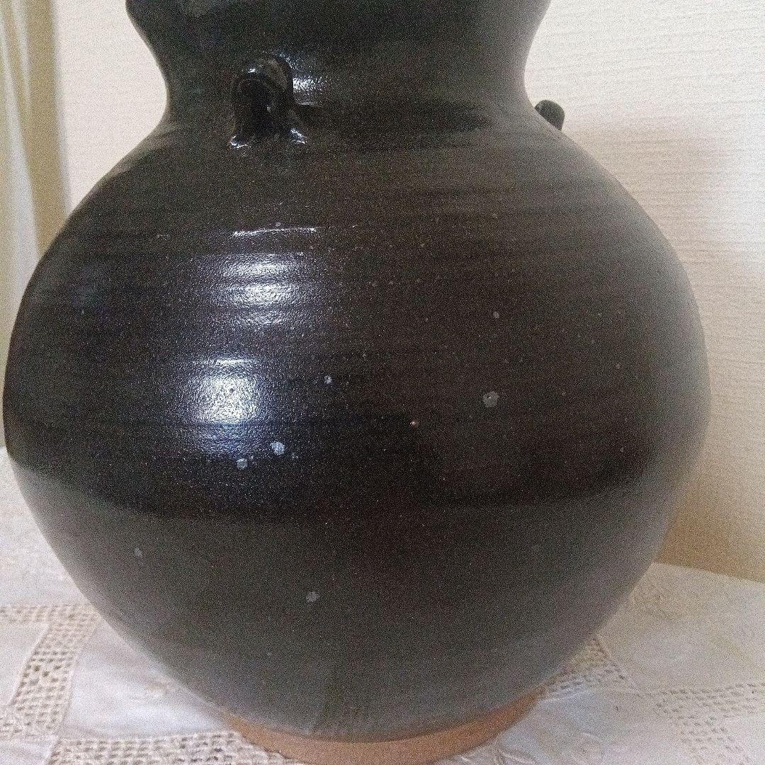 壺　富士五湖焼　五湖窯　黒釉　大型　木箱入り　栞り付き