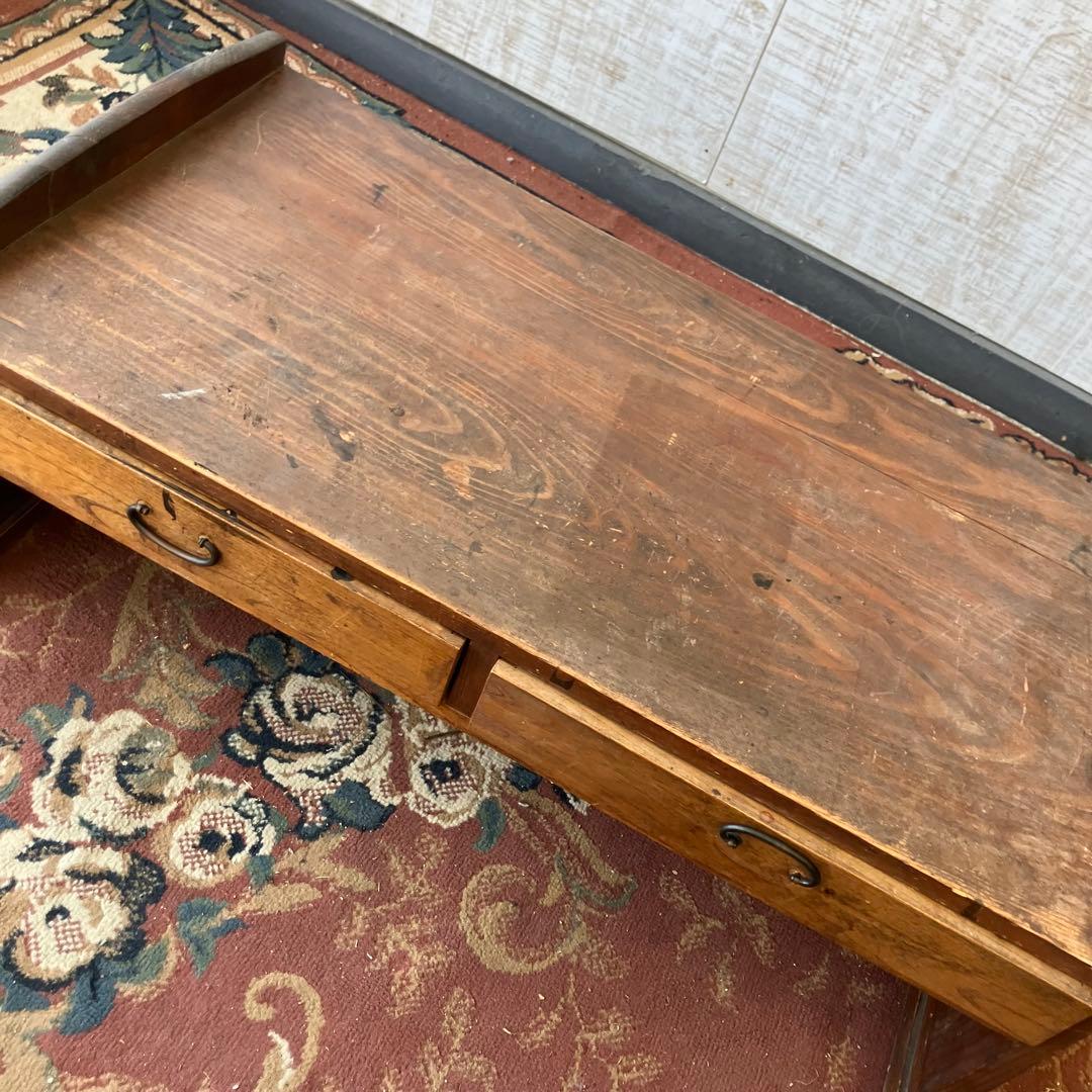 昭和レトロ アンティーク 古家具 木製文机 引き出し付き座卓 書斎机 無垢材
