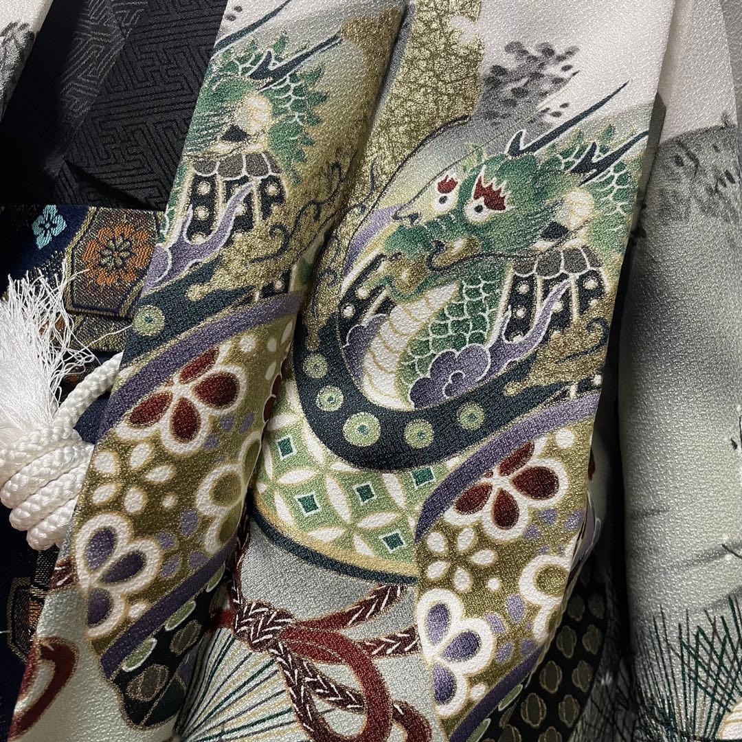 七五三 三歳 五歳 男の子 着物　袴　白　鷹　虎　富士山　金たたき　鶴