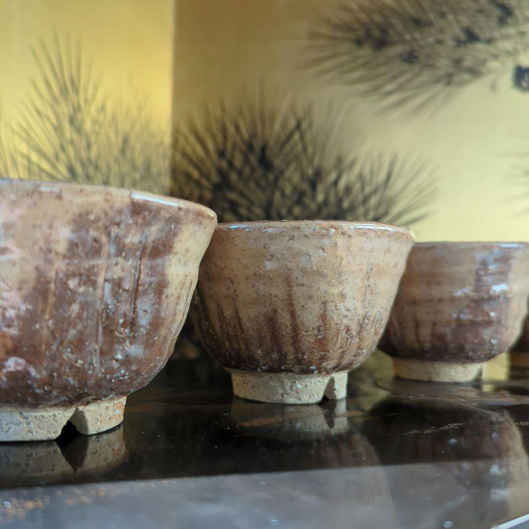 陶芸　茶道具　萩焼　名工　波多野善蔵　割高台汲出碗揃（湯呑み）五客【共箱栞付】