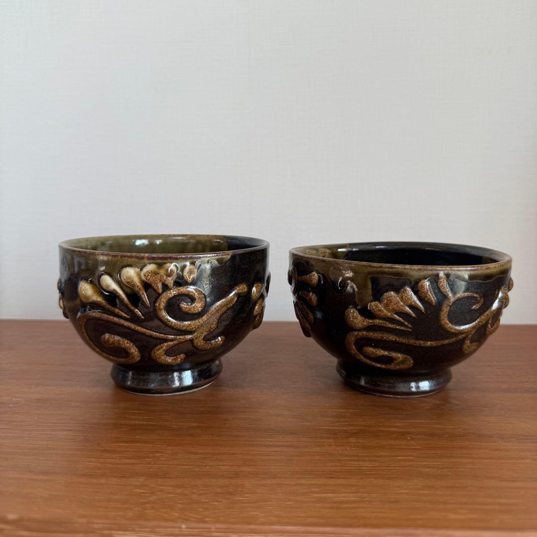 【名工】照屋佳信作 壺屋焼（やちむん）抹茶碗 2客セット 夫婦茶碗 希少 古作