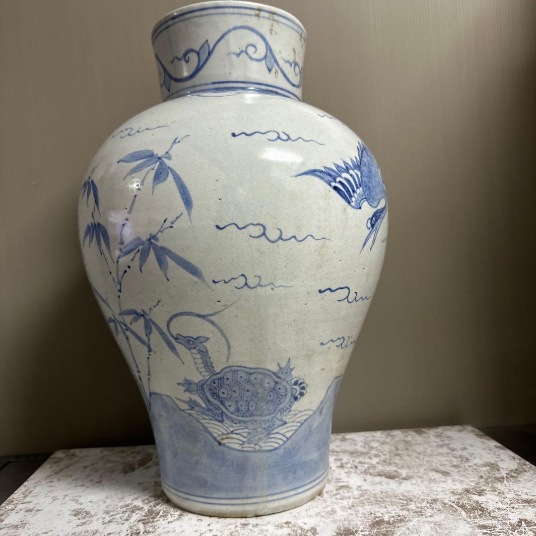 李朝、白磁、辰砂、鹿、鶴、亀図、大壺。