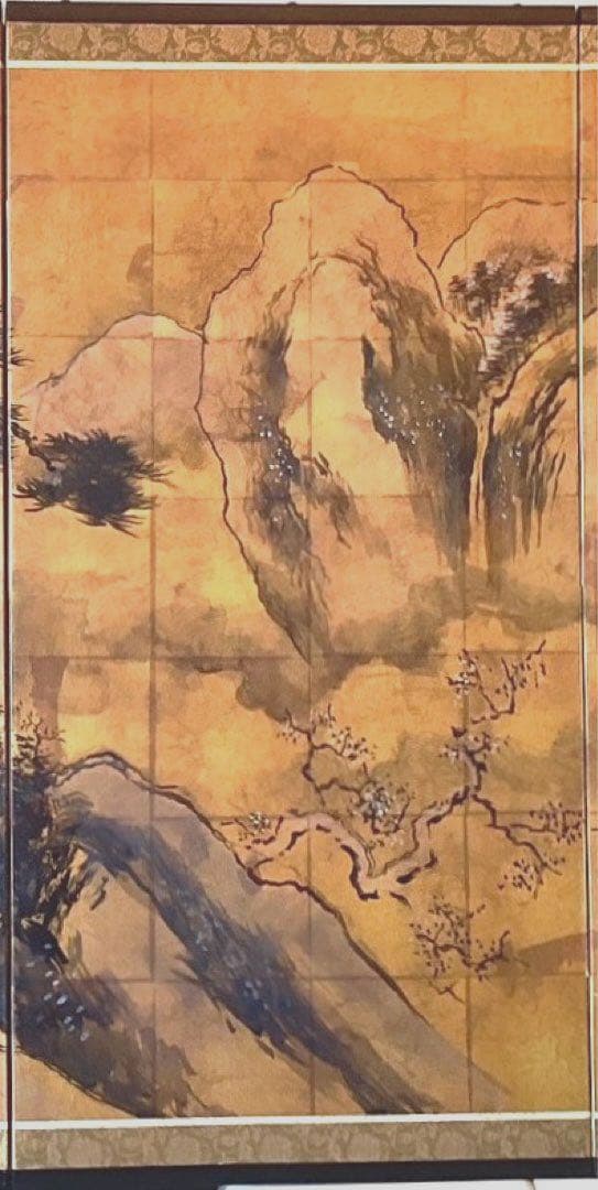 四つ折り屏風　日本画　金箔彩色　『雪見楼閣』