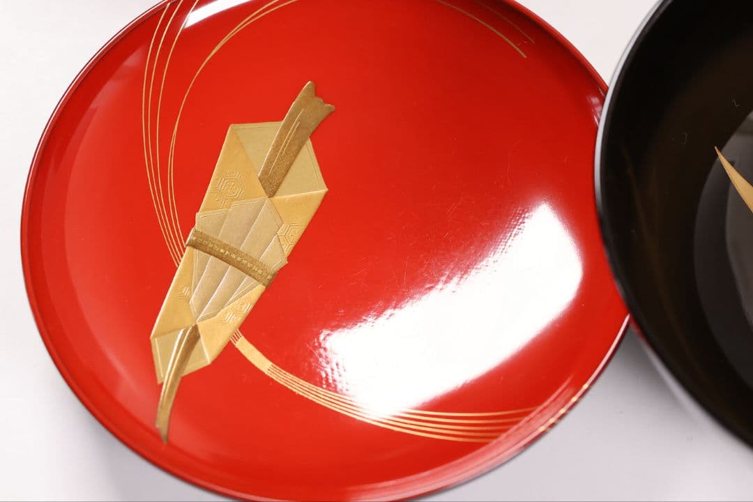 【MB179】金沢塗師 久世双〇 熨斗と折り鶴 金蒔絵 吸物椀 十客 天然木漆塗