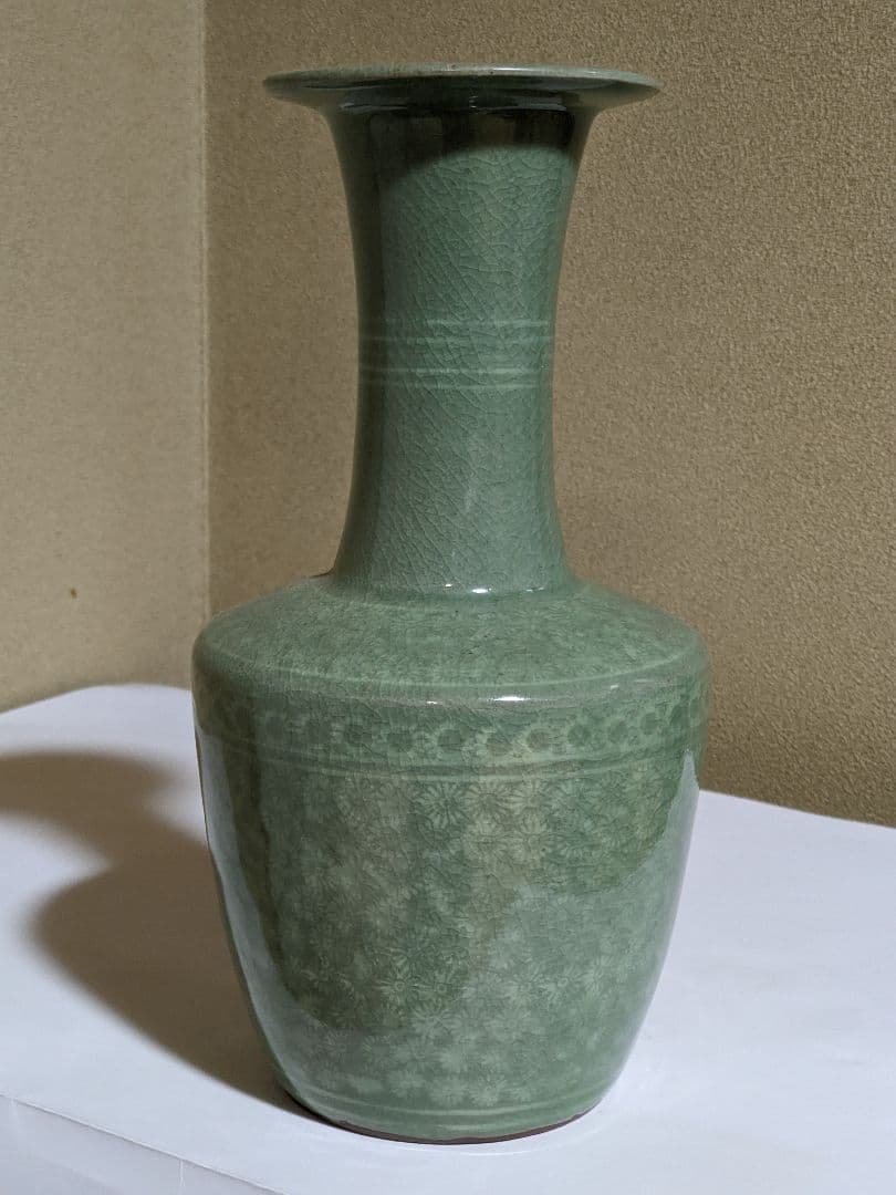 ジ*ン様 ♦韓国陶芸界 の至宝 人間文化財 柳海剛作 高麗青磁 盤口形 瓶 花瓶