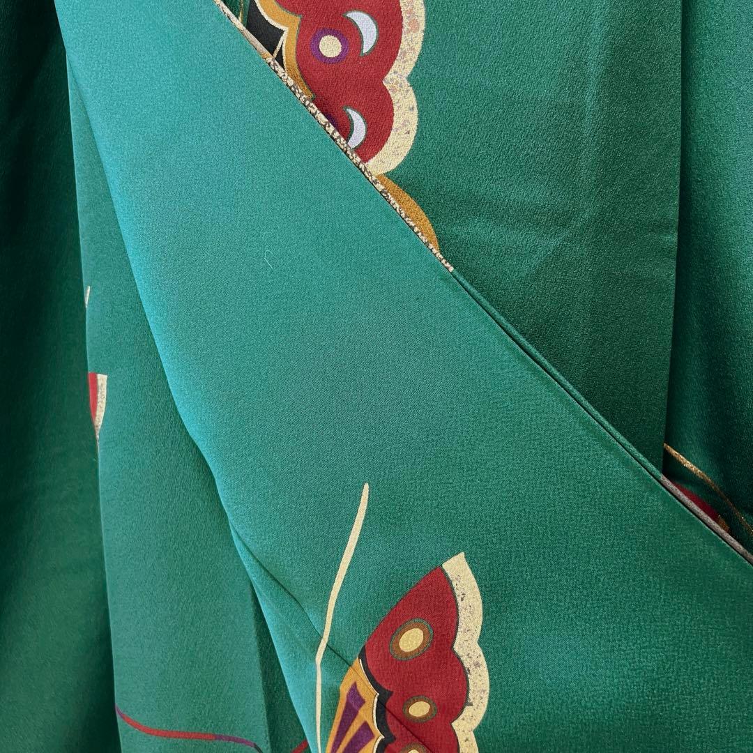 399 振袖フルセット 正絹 緑 グリーン 舞蝶 金彩 シンプル モダン ロング