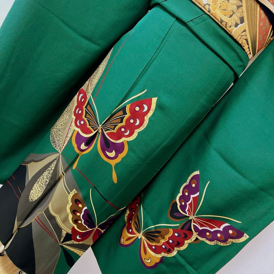 399 振袖フルセット 正絹 緑 グリーン 舞蝶 金彩 シンプル モダン ロング
