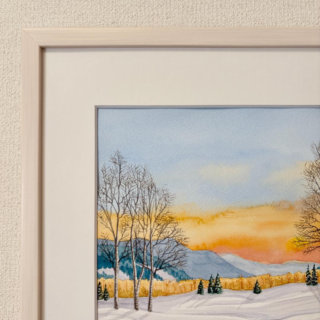 透明水彩画　原画　「雪原の朝焼け02」額縁付　風景画　F4サイズ