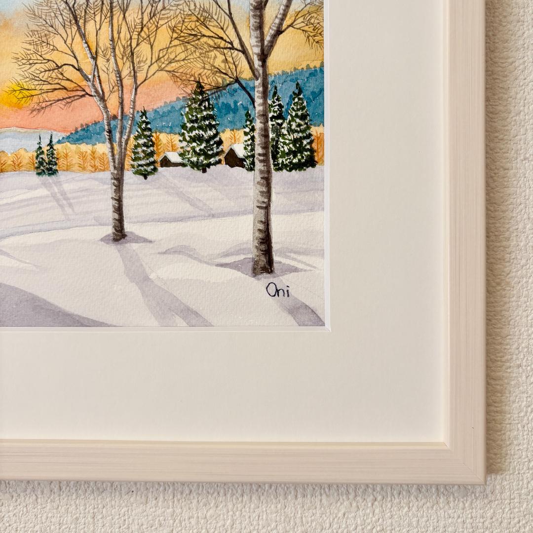 透明水彩画　原画　「雪原の朝焼け02」額縁付　風景画　F4サイズ
