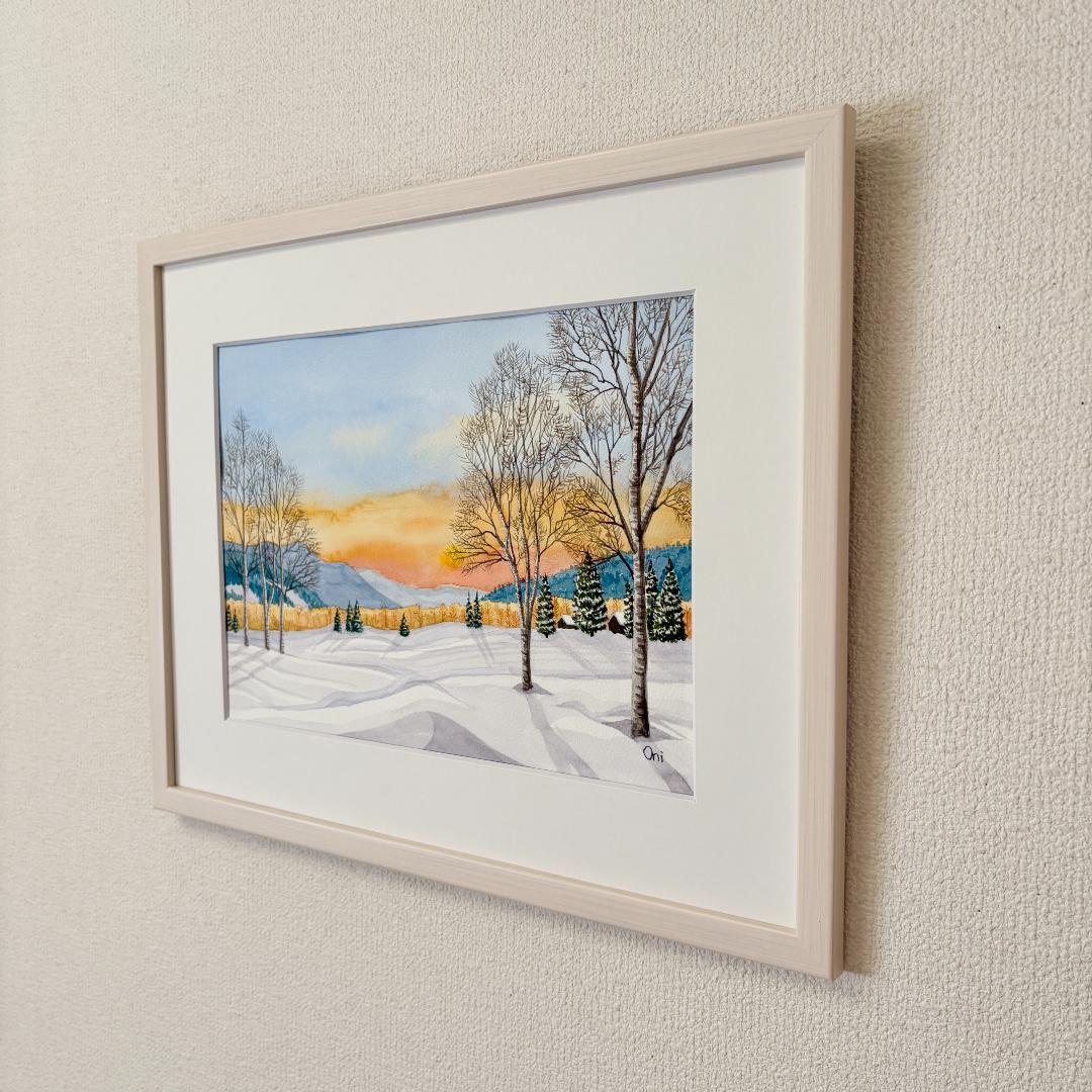 透明水彩画　原画　「雪原の朝焼け02」額縁付　風景画　F4サイズ