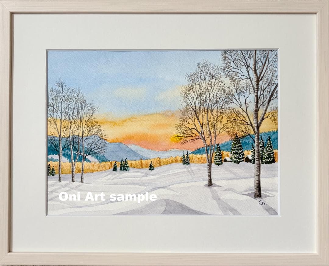 透明水彩画　原画　「雪原の朝焼け02」額縁付　風景画　F4サイズ