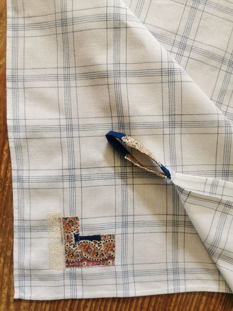 アンティーク インディゴ西洋花更紗アップリケ＆レース装飾付 ブルーチェッククロス