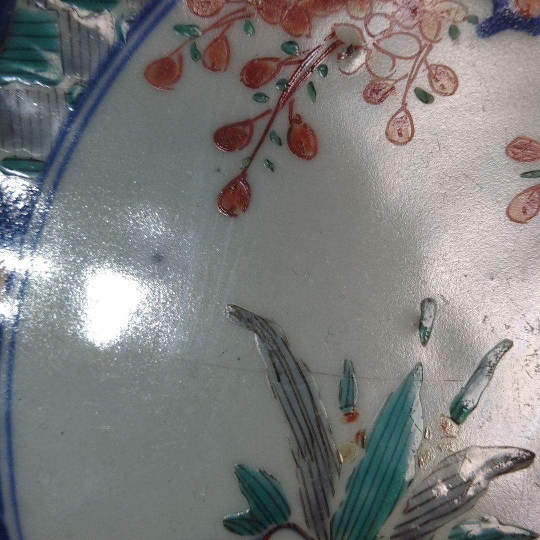 古伊万里　芙蓉手楼閣文菊皿　難あり　金継ぎ