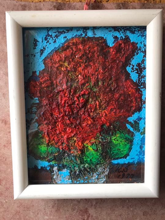 サムホールの花の油絵、モチーフはシクラメン、白額付き、前衛美術家の糸川裕志の作品