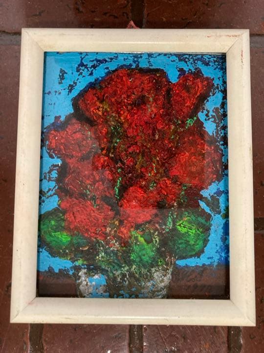 サムホールの花の油絵、モチーフはシクラメン、白額付き、前衛美術家の糸川裕志の作品