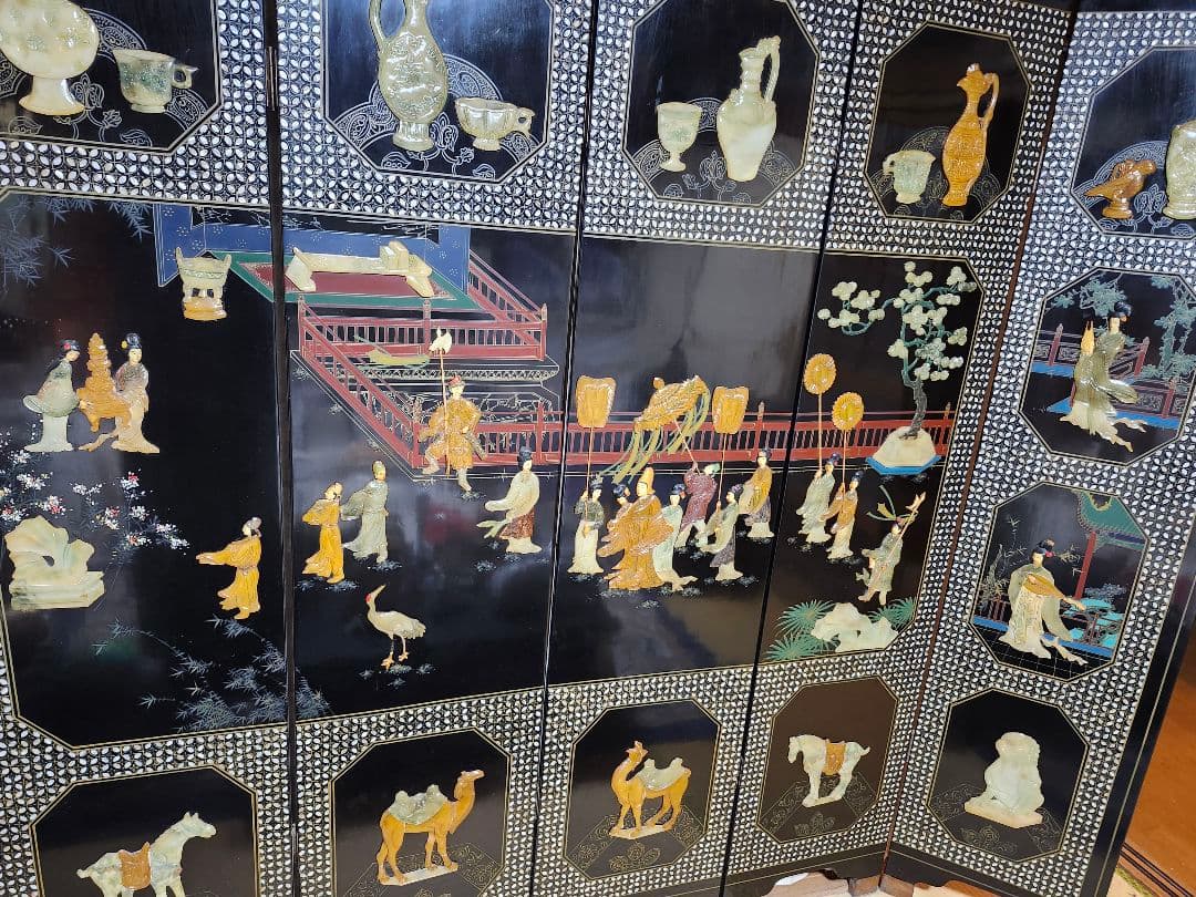 アジアン家具 パネル 屏風 玉石、貝嵌細工 大型
