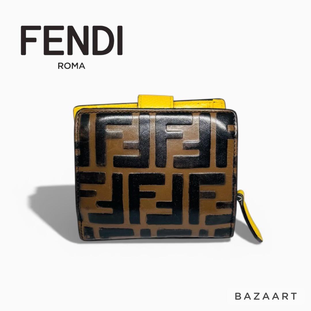 FENDI フェンディ 二つ折り財布 FFロゴ ズッカ レザー 黄色 イエロー